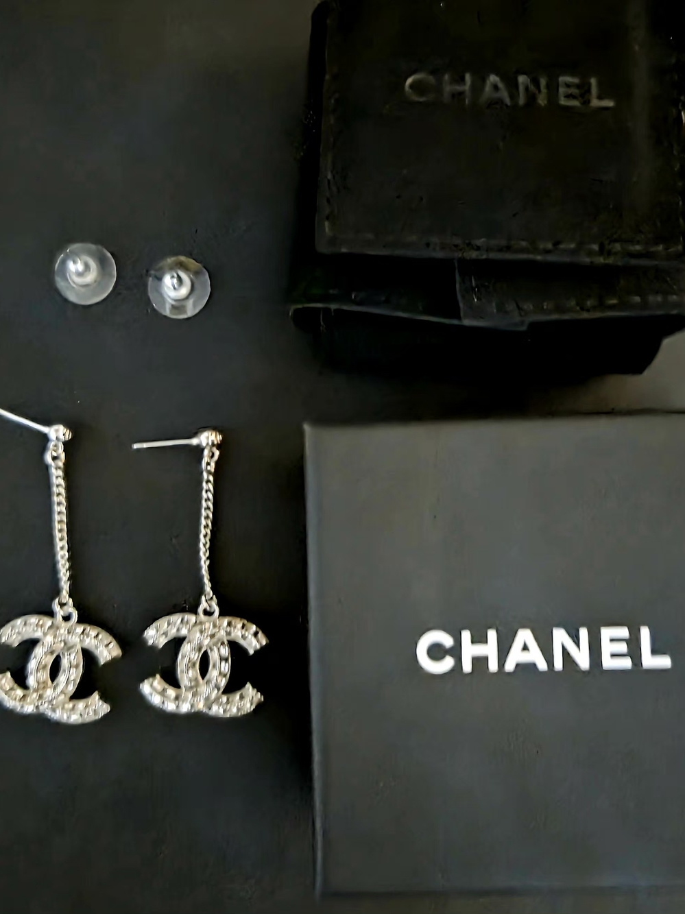 CHANEL Silver Crystal CC Drop Earrings